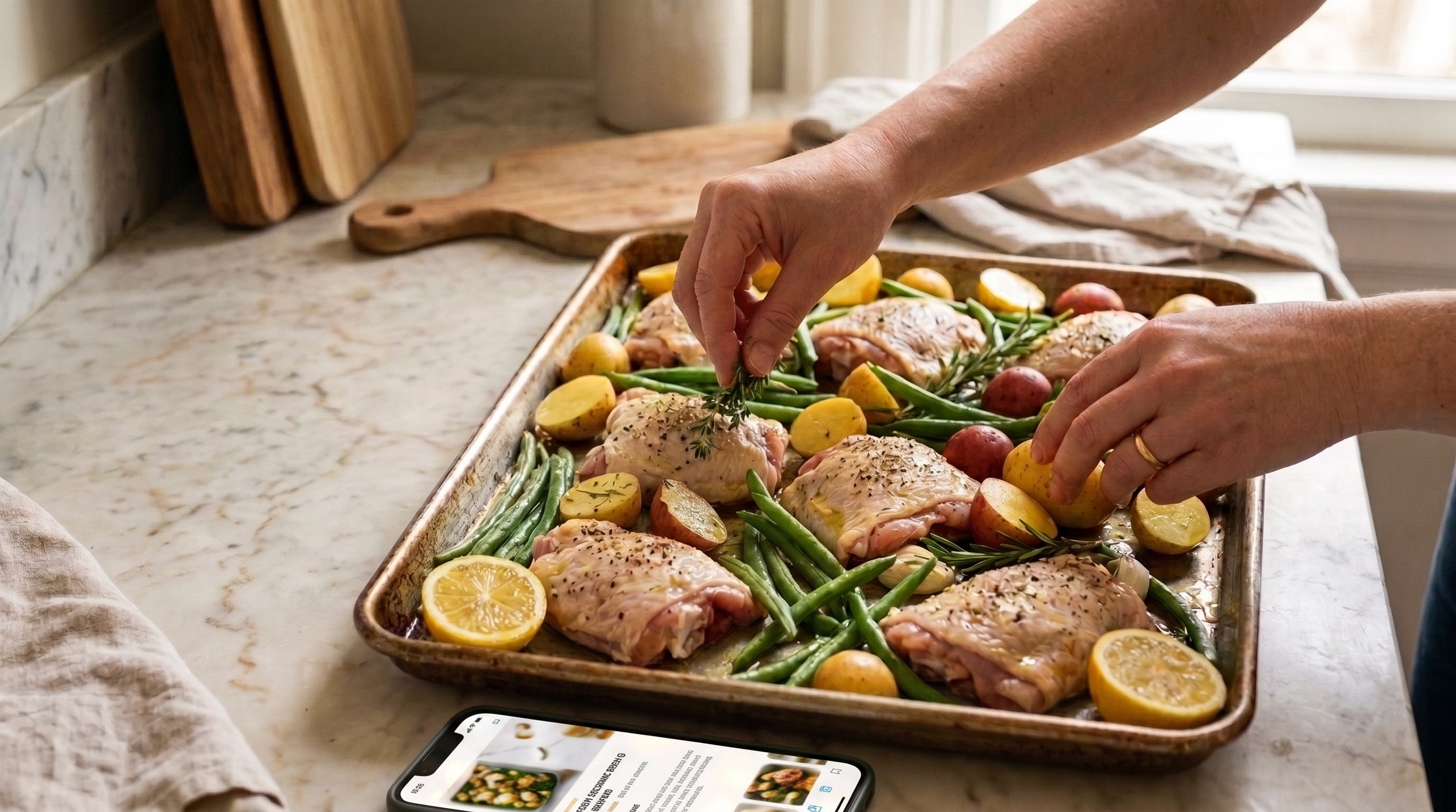 Hands arranging a sheet-pan dinner